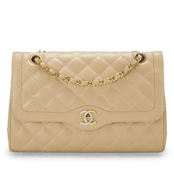 Authentic CHANEL CC Paris Limited Double Flap Bag Lambskin Matelasse Chain Beige - Picture 1 of 8